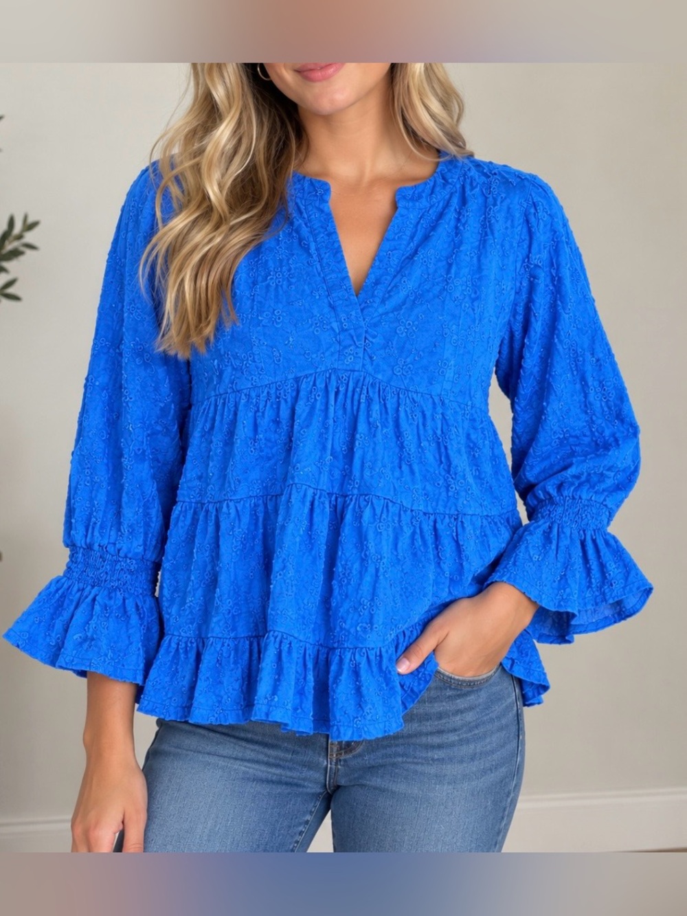 Crown & Ivy Blue Eyelet Tiered Peasant Blouse